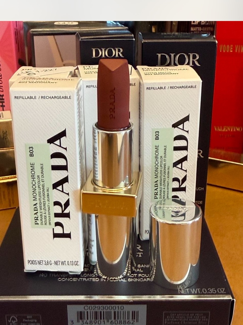 Prada Monochrome Lipstick B03 — Warm Mahogany.